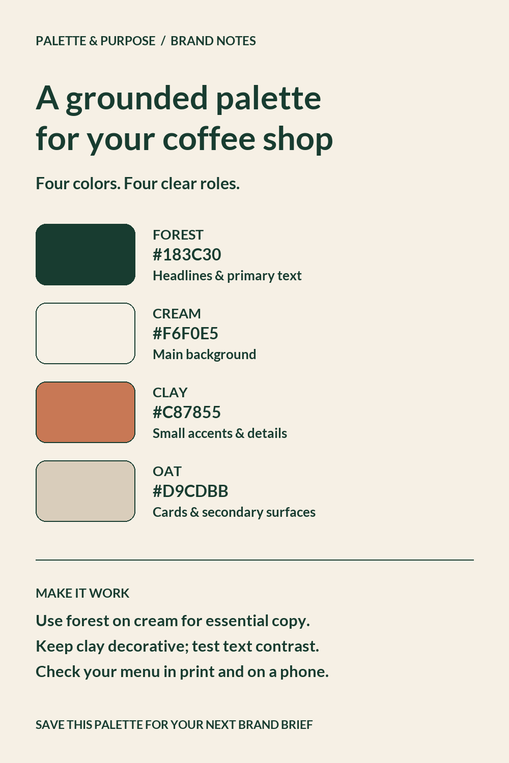 Coffee Shop Color Palette: Forest Green, Cream and Clay with HEX Codes — visual reference