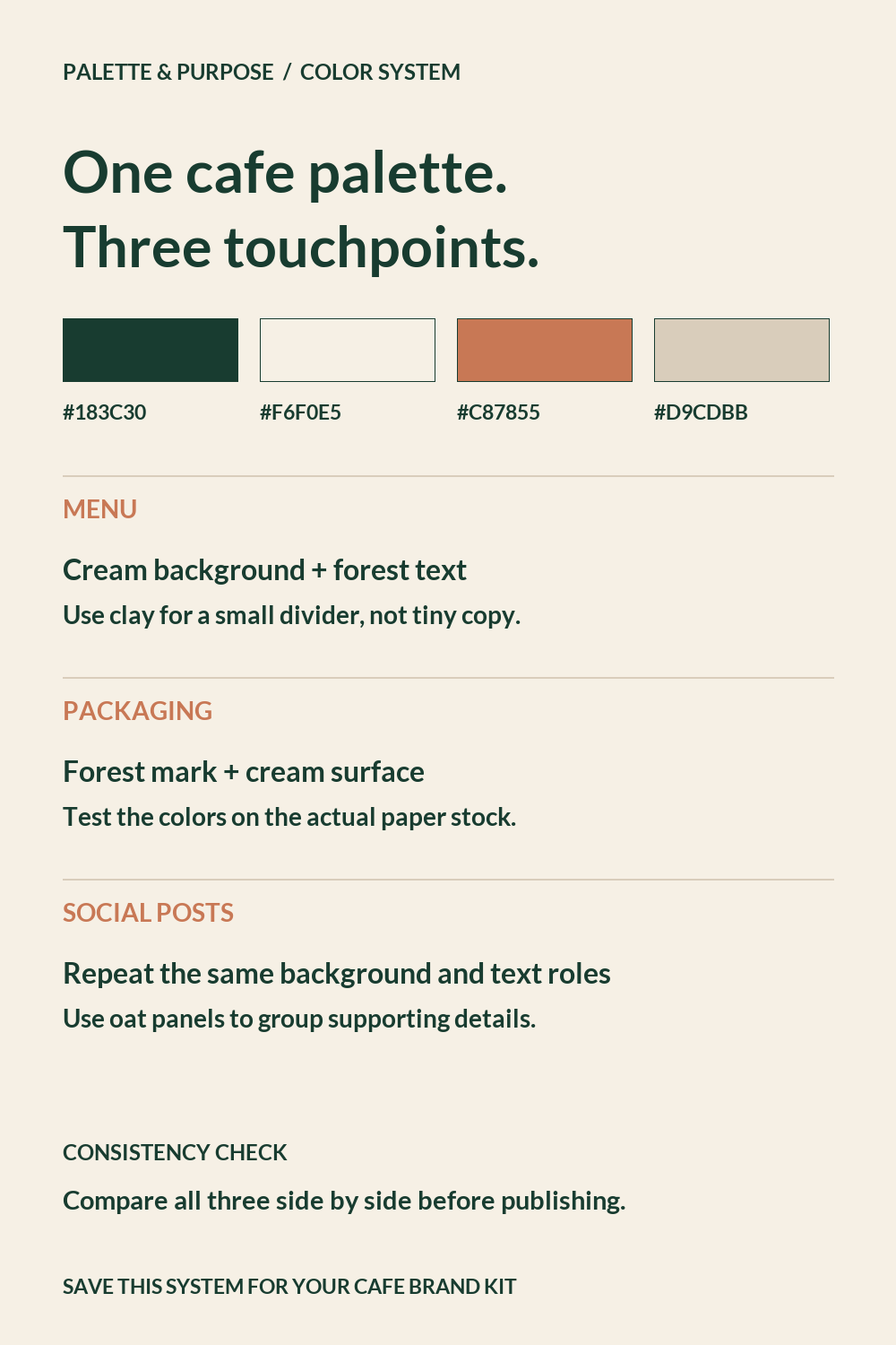 Cafe Brand Color System: Apply One HEX Palette Across Three Touchpoints — visual reference
